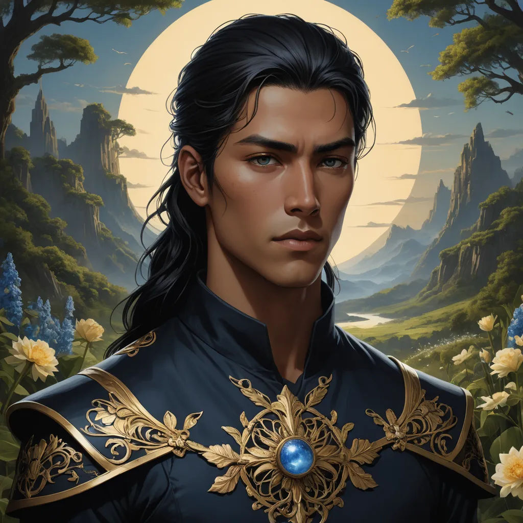 a painting of a man in a blue suit with a gold trim and a blue eye patch in front of a full moon, fantasy art, a character portrait, Fabien Charuau, epic fantasy character art