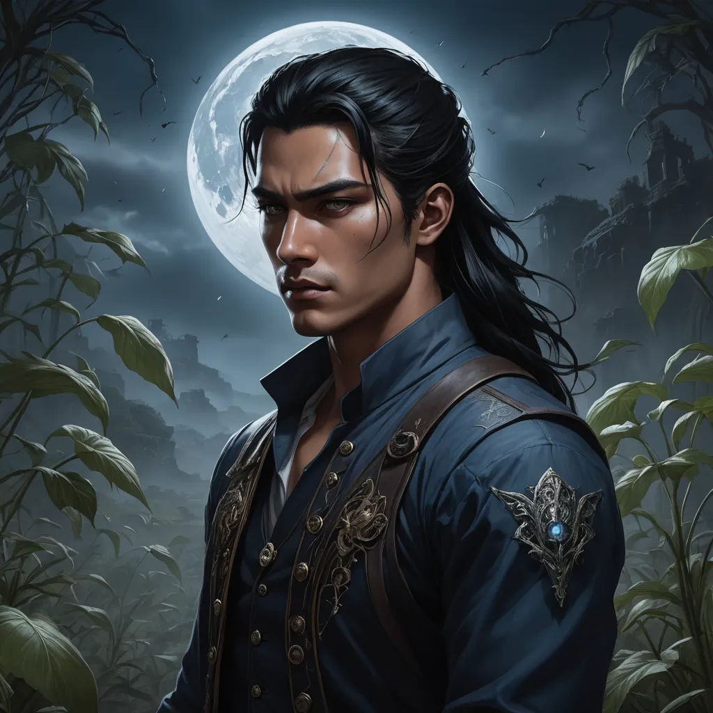 a man with long hair and a blue shirt in front of a full moon and trees with leaves and bushes, fantasy art, a character portrait, Cedric Seaut (Keos Masons), epic fantasy character art