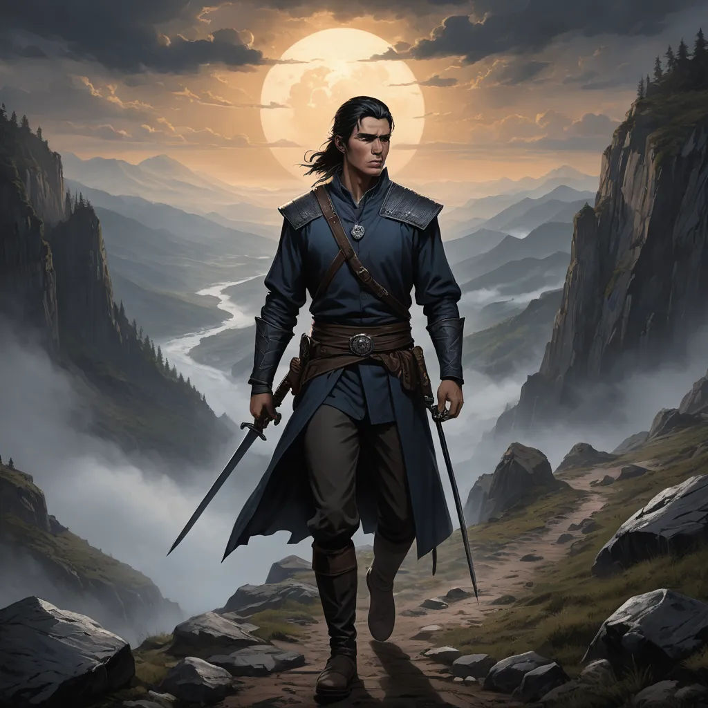 a man in a long coat and a sword walking on a path in a mountainous area with a river and mountains in the background, fantasy art, a character portrait, Clint Cearley, epic fantasy character art