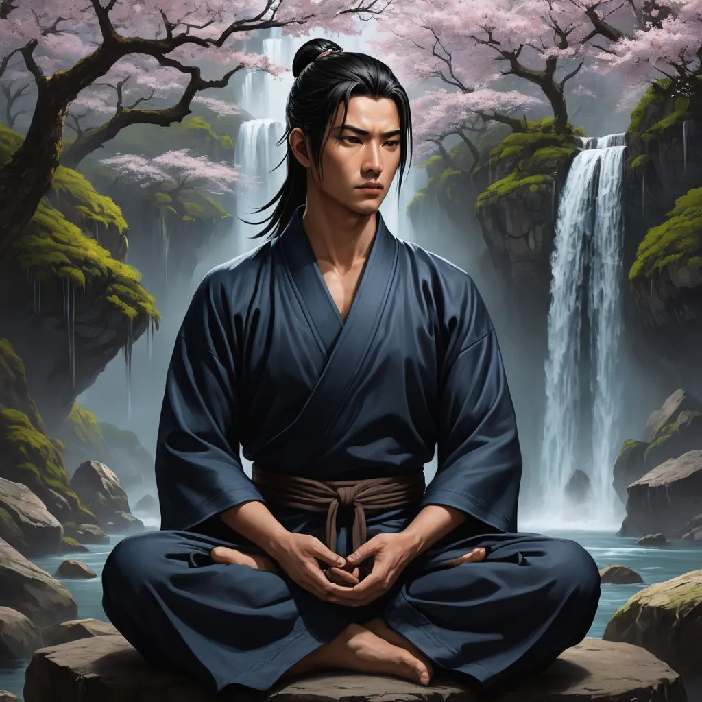 a painting of a man sitting in front of a waterfall with a waterfall in the background and a waterfall in the background, fantasy art, a character portrait, Dai Jin, official art