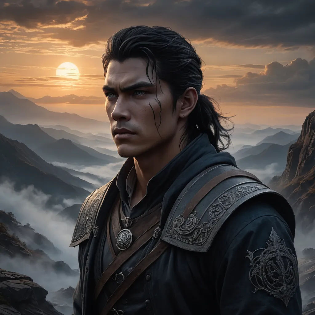 a man in a black outfit standing in front of a mountain range with a sunset behind him and clouds, fantasy art, a character portrait, Cedric Seaut (Keos Masons), epic fantasy character art