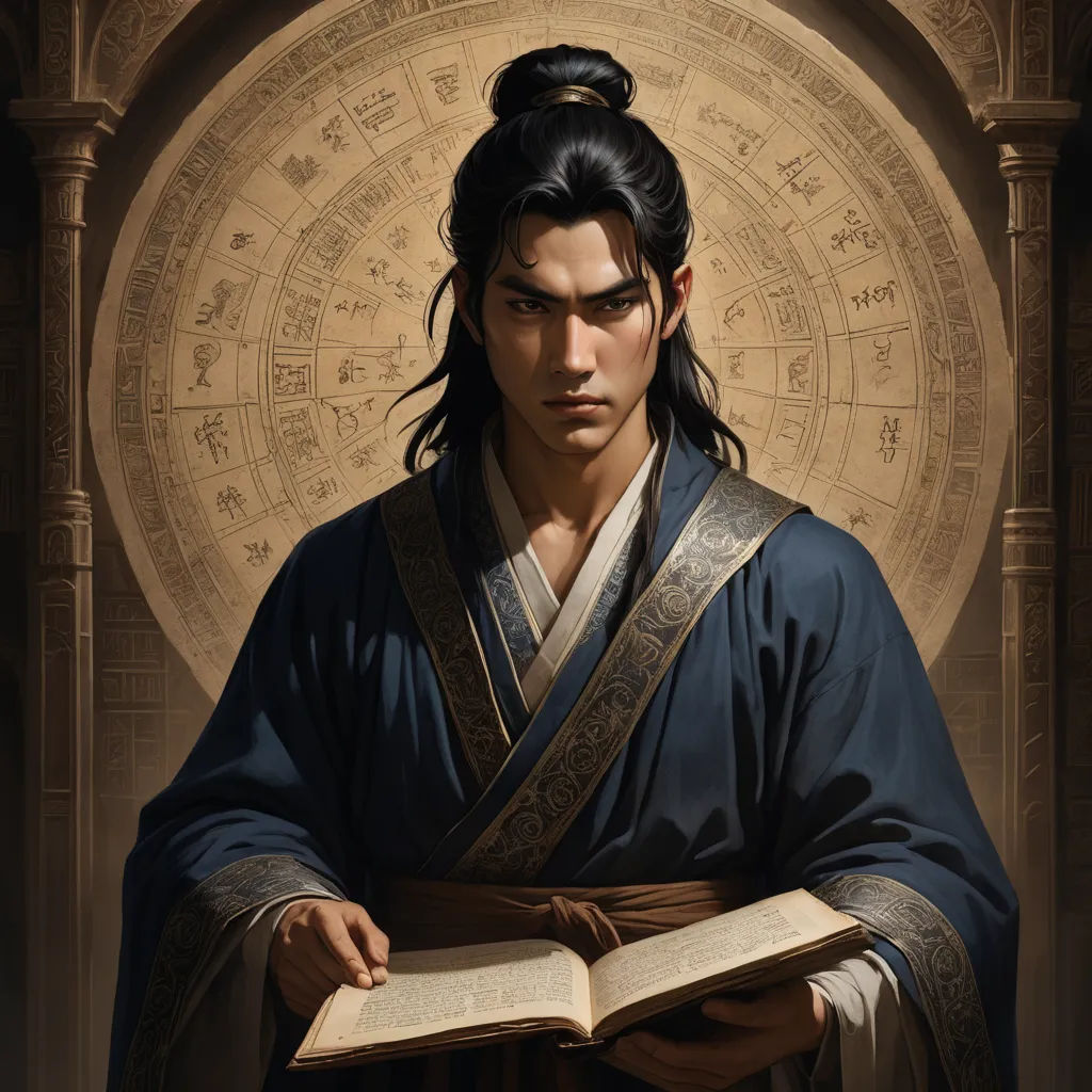 a man in a blue robe holding a book in his hands and a circle of numbers behind him with writing on it, fantasy art, a character portrait, Dai Jin, official art