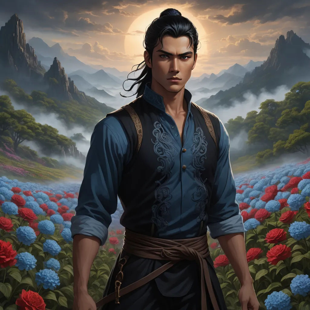 a man standing in a field of flowers with a mountain in the background and a sun in the sky, fantasy art, a character portrait, Dai Jin, official art