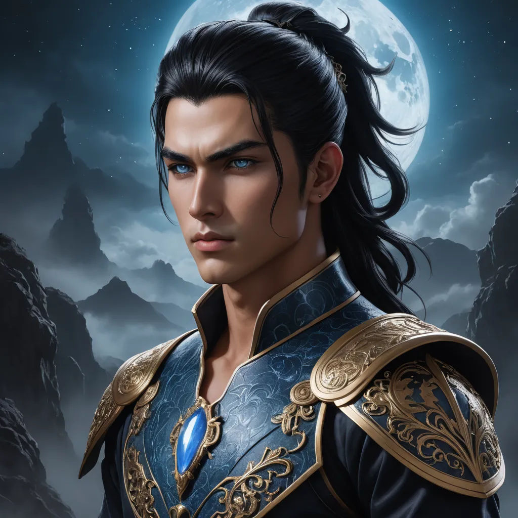 a man in a blue and gold outfit with a full moon in the background and a full moon in the sky, fantasy art, a character portrait, Dai Jin, epic fantasy character art