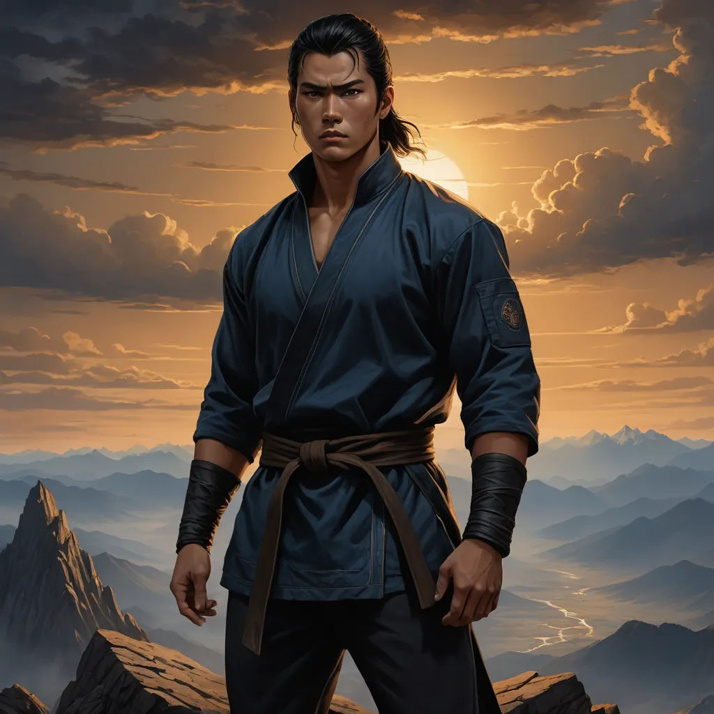 a man in a blue robe standing on a mountain top with a sunset behind him and a mountain range in the background, fantasy art, a character portrait, Dai Jin, magic the gathering artwork
