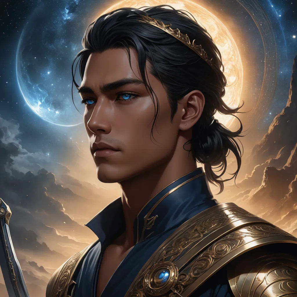 a man in a blue suit with a sword in his hand and a moon in the background with clouds, fantasy art, a character portrait, Charlie Bowater, epic fantasy character art