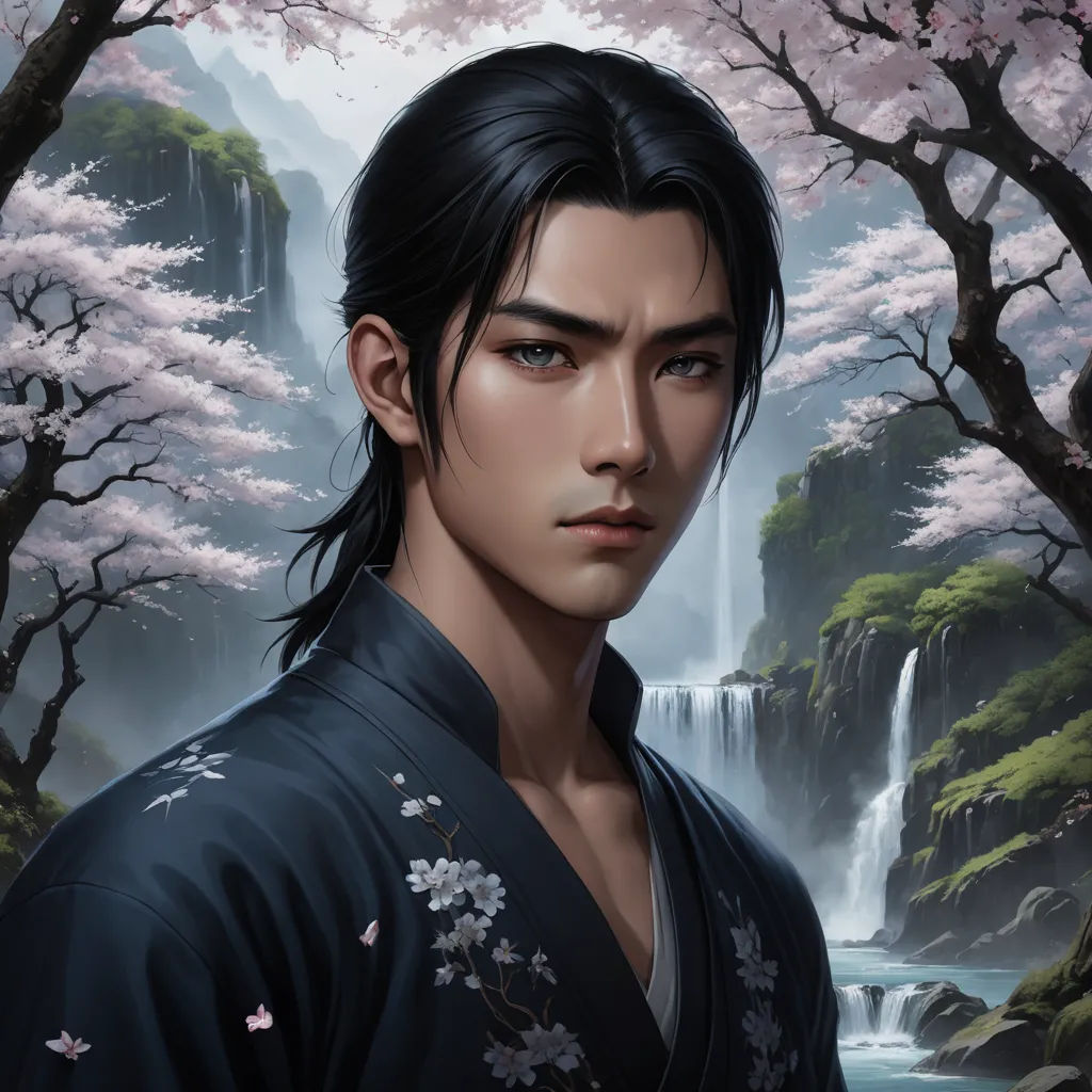a man in a kimono standing in front of a waterfall and trees with pink flowers on it, in front of a waterfall, fantasy art, a character portrait, Dai Jin, official art