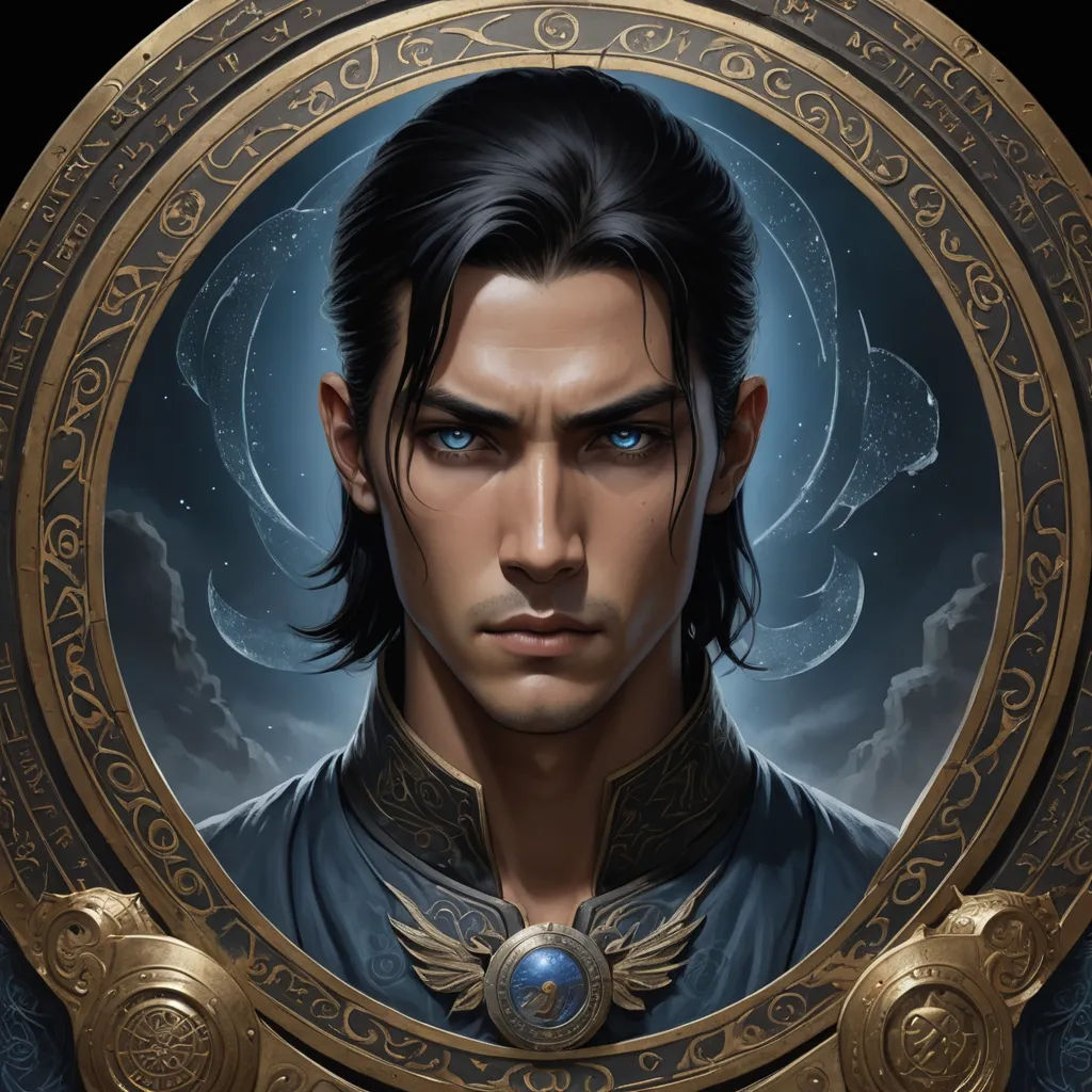 a man with a blue eyes in a golden frame with a moon behind him and a blue sky behind him, fantasy art, a character portrait, Aleksi Briclot, epic fantasy character art