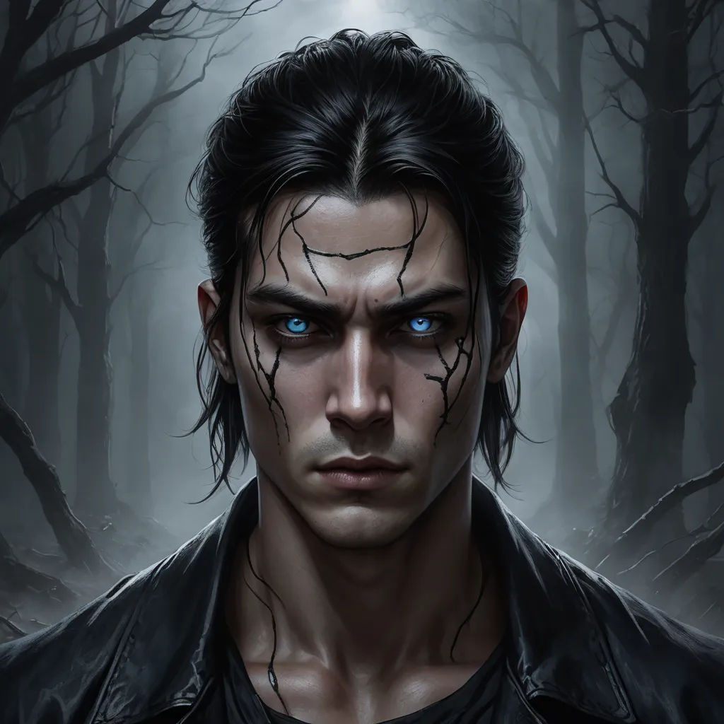 a man with blue eyes and a black jacket in a forest with trees and branches, with a creepy look on his face, fantasy art, a character portrait, Cedric Seaut (Keos Masons), epic fantasy character art