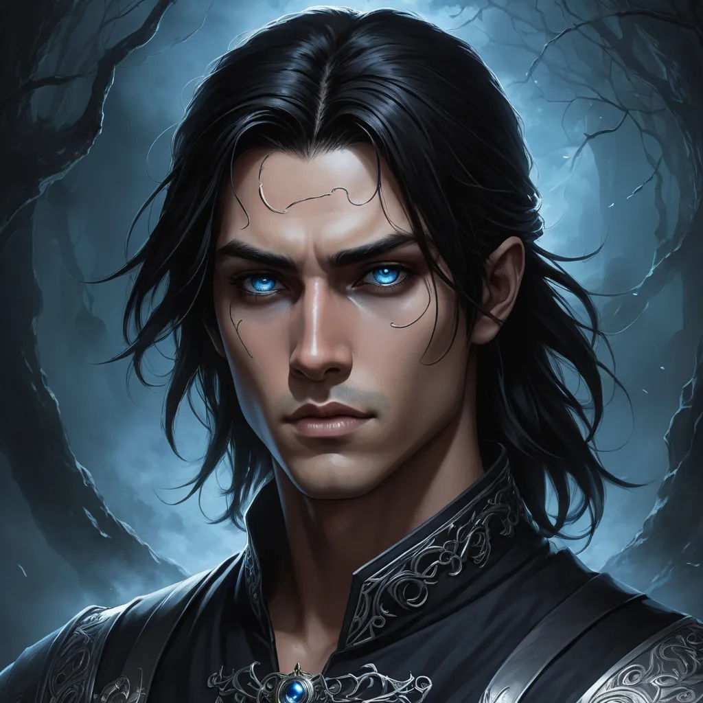 a man with blue eyes and a black outfit with a sword in his hand and a tree in the background, fantasy art, a character portrait, Cedric Seaut (Keos Masons), epic fantasy character art