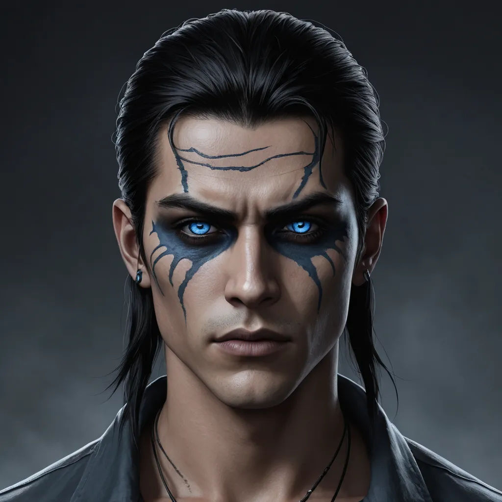 a man with blue eyes and a black shirt on his face is shown in a digital painting style,, gothic art, a character portrait, Cedric Seaut (Keos Masons), epic fantasy character art