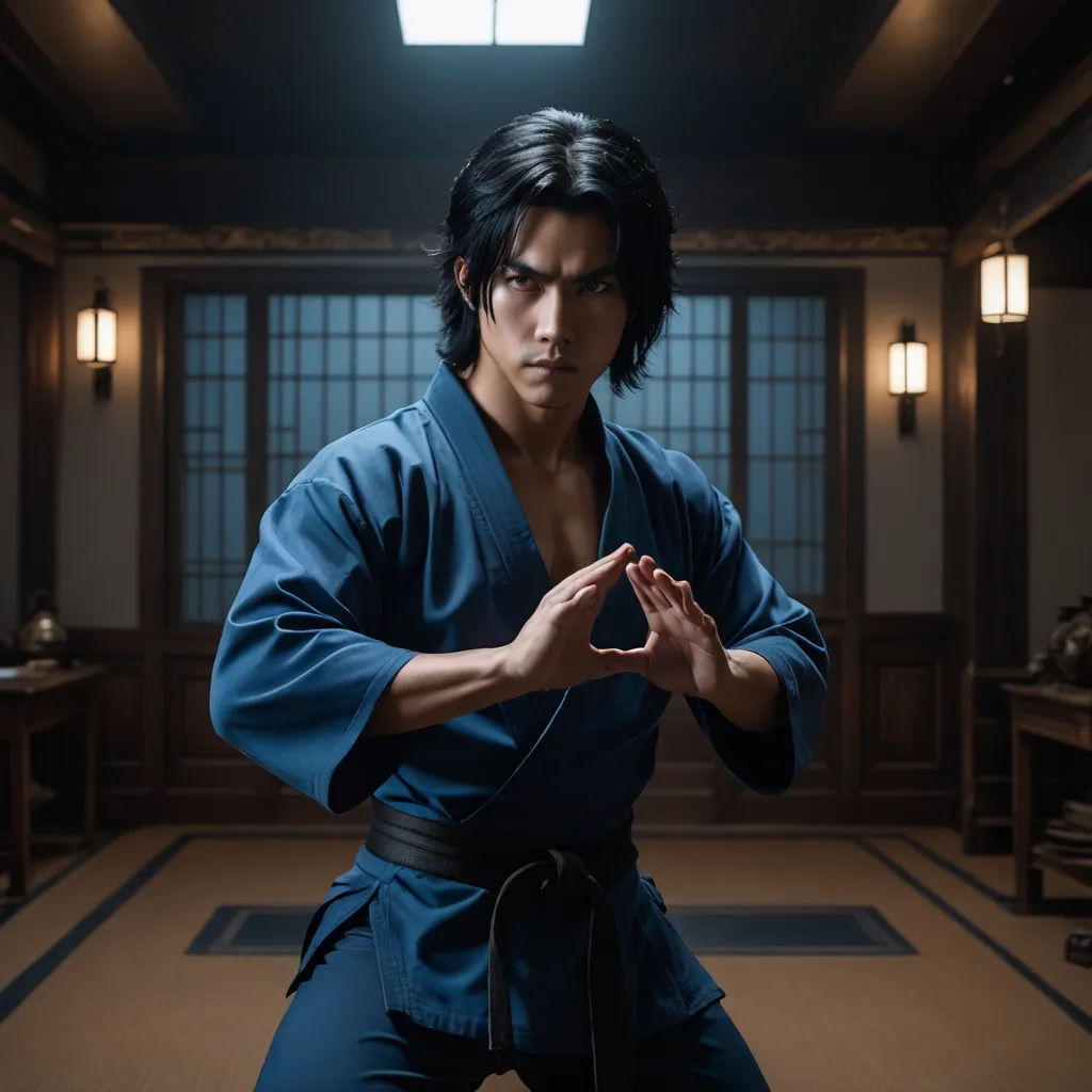 a man in a blue kimono is doing karate moves in a room with a window and a table, neogeo, a character portrait, Baiōken Eishun, movie still