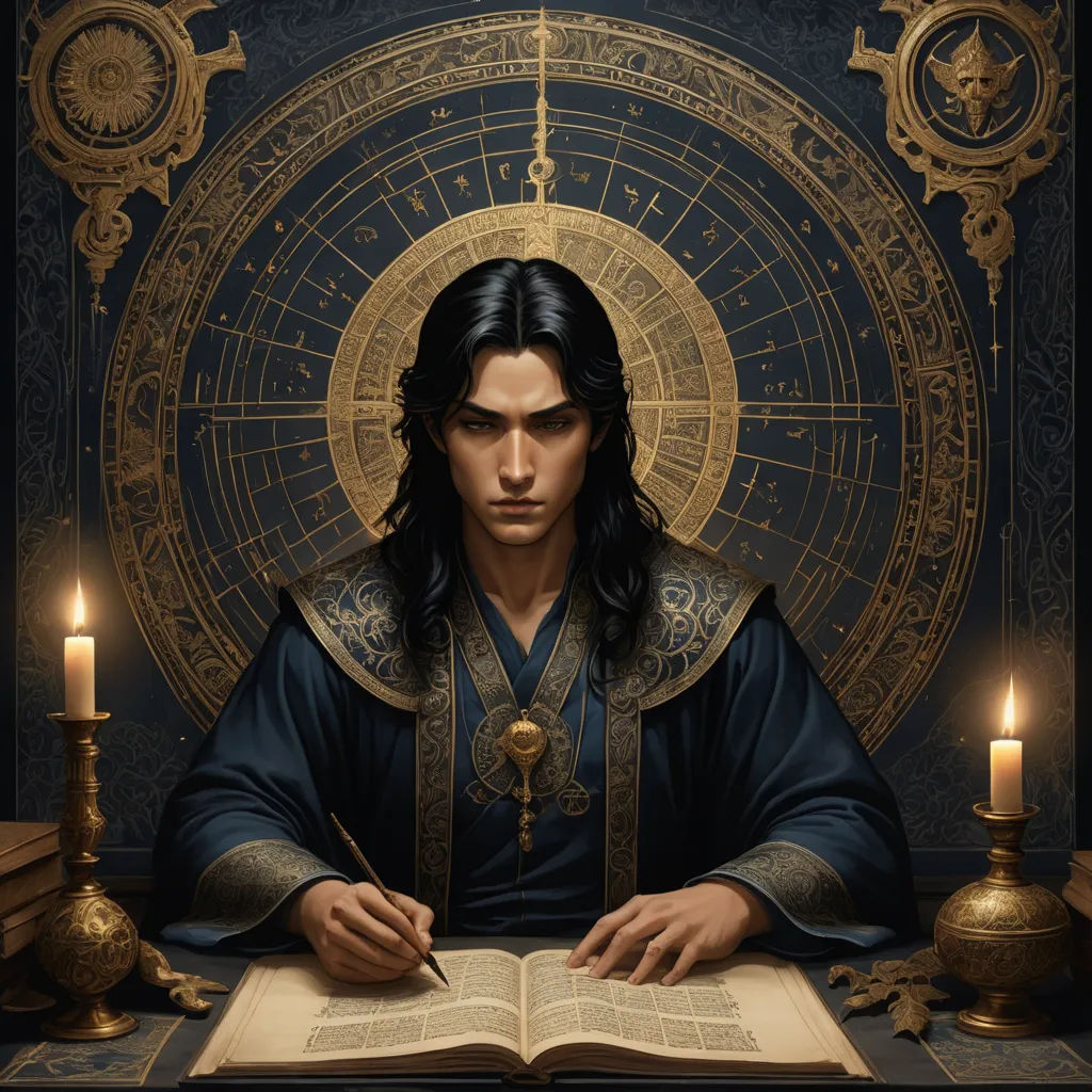 a man sitting at a table with a book and pen in front of him and a candle in front of him, pre-raphaelitism, a character portrait, Donato Giancola, epic fantasy character art