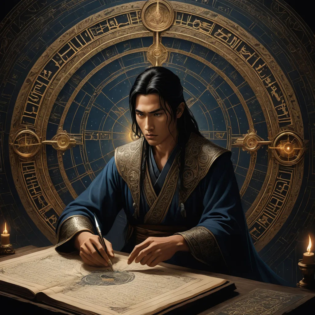 a man in a blue robe writing on a book with candles around him and a circle of gold around him, fantasy art, a character portrait, Dai Jin, magic the gathering artwork