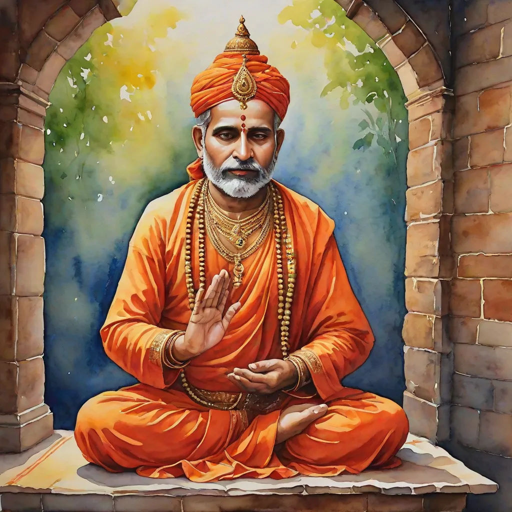 a painting of a man in orange sitting in a doorway with his hands together and a beard on his head, Bholekar Srihari, samikshavad, a detailed painting, highly detailed digital painting