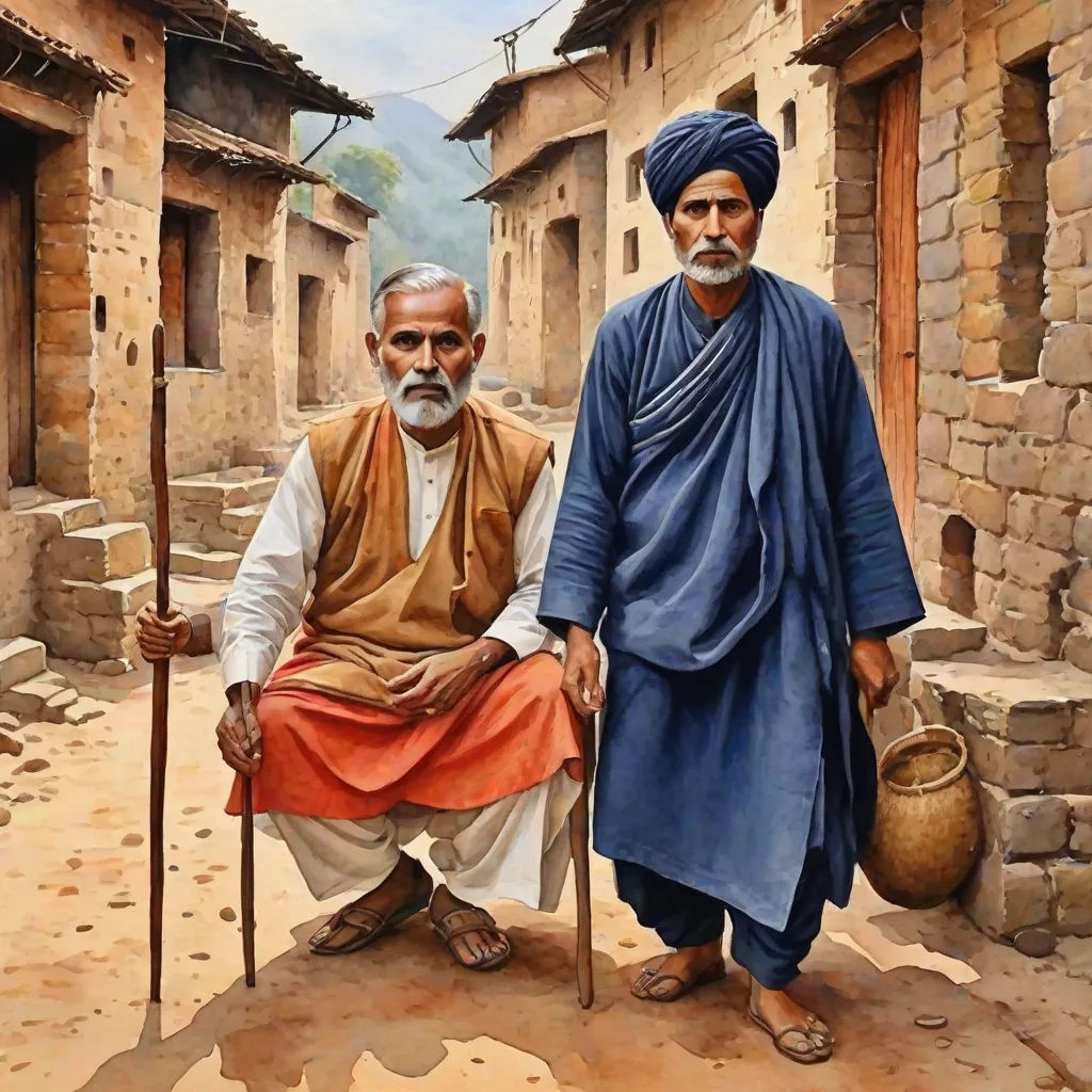 two men in blue and orange clothes standing in a village with stone buildings and a stone wall and a stone walkway, Brothers Hildebrandt, figurative art, a detailed painting, highly detailed oil painting