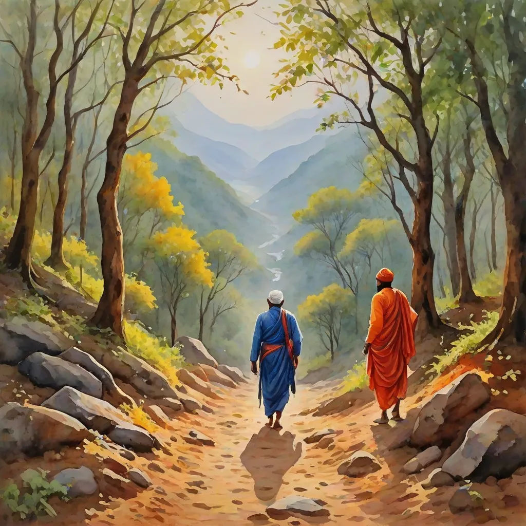 a painting of two people walking down a path in the woods with mountains in the background and trees in the foreground, Christophe Vacher, figurative art, an oil on canvas painting, art noveau