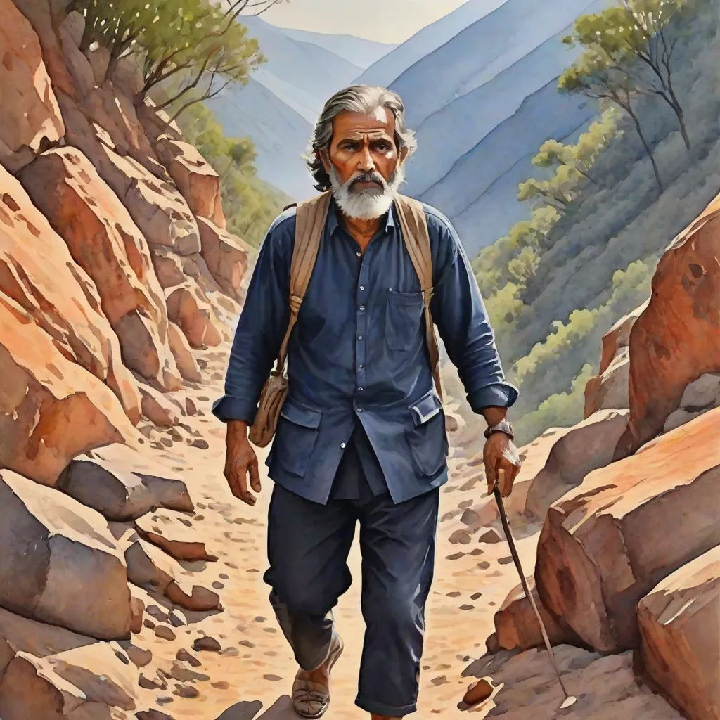 a painting of a man walking down a path with a backpack on his back and a stick in his hand, Bhupen Khakhar, figurative art, an oil on canvas painting, extremely detailed oil painting