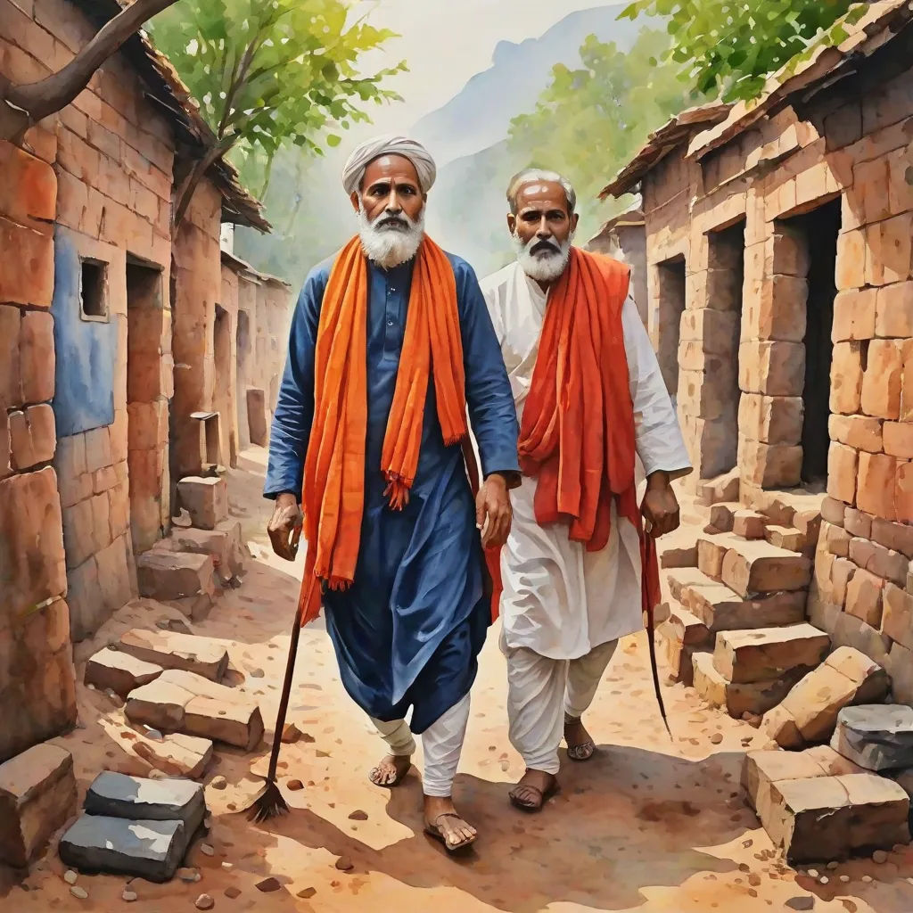two men walking down a street with orange scarves on their heads and orange shawls on their heads, Bholekar Srihari, figurative art, a detailed painting, highly detailed oil painting