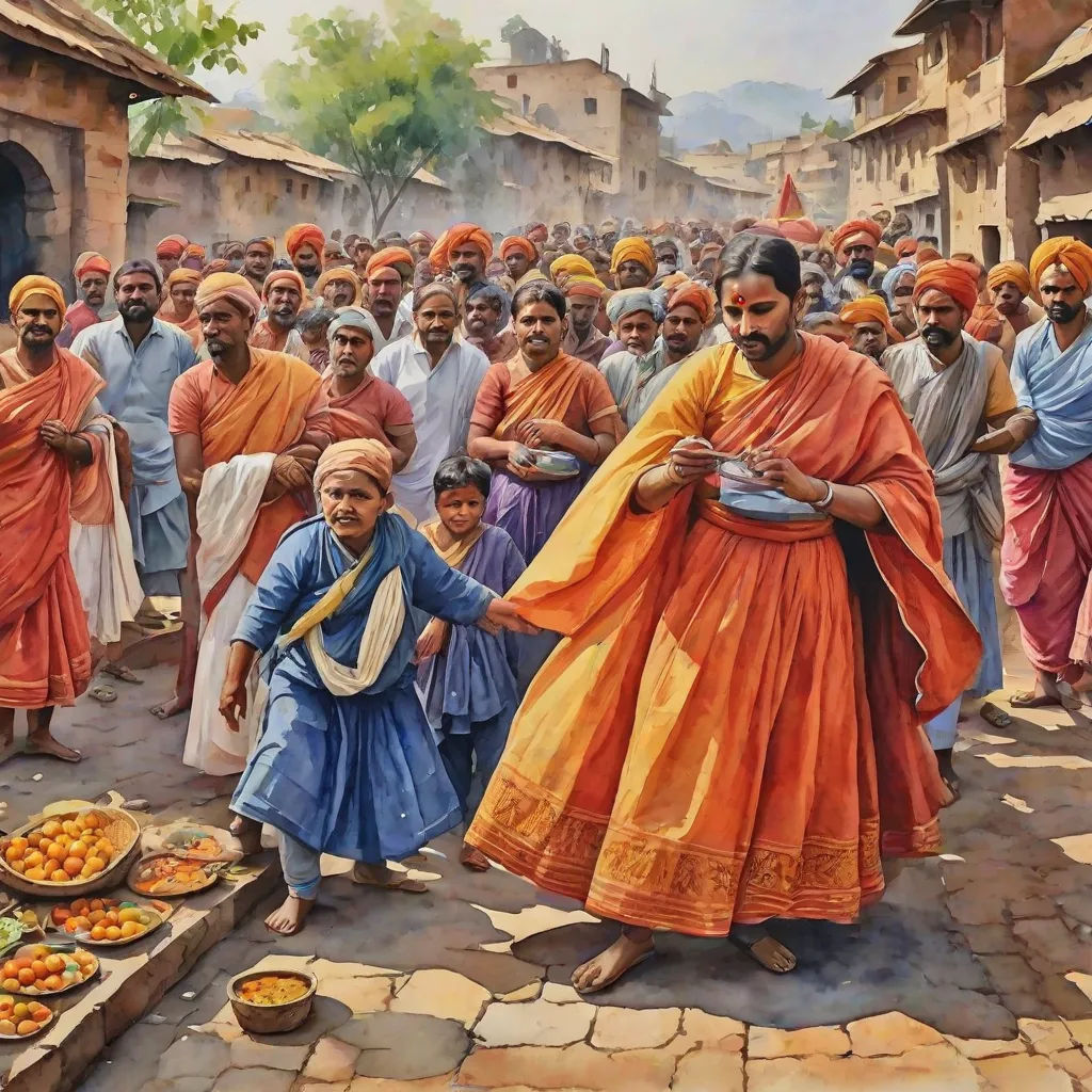 a painting of a group of people in india with a man serving food to a woman in a blue dress, Bholekar Srihari, samikshavad, an oil on canvas painting, detailed painting