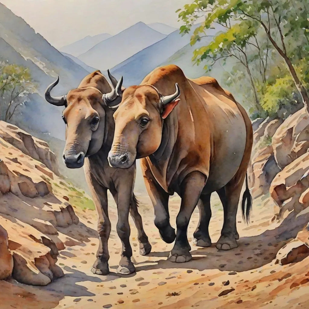 two bulls are walking down a dirt path in a painting of mountains and trees, with a man standing next to them, Brothers Hildebrandt, sumatraism, an airbrush painting, oil painting