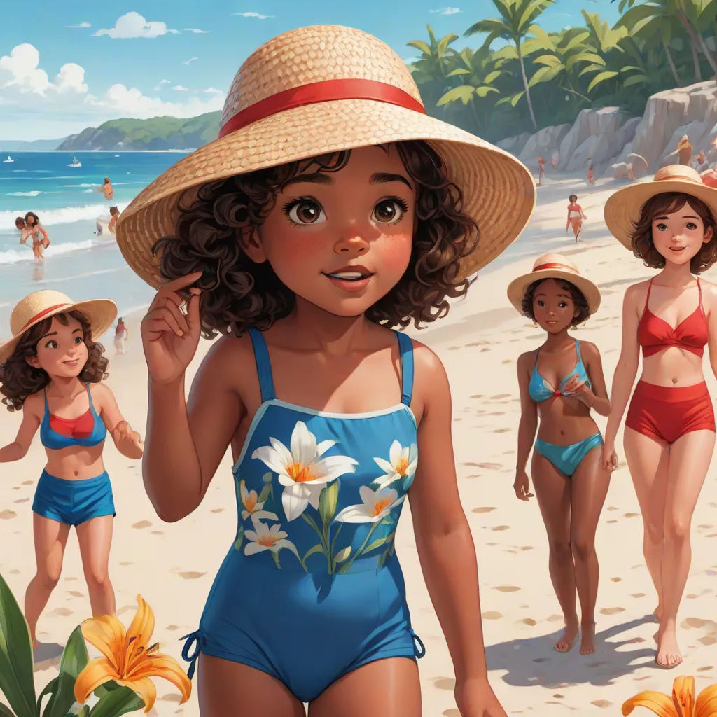 a painting of a girl in a bathing suit and hat on the beach with other girls in the background, american scene painting, a storybook illustration, disney, pixar and disney animation