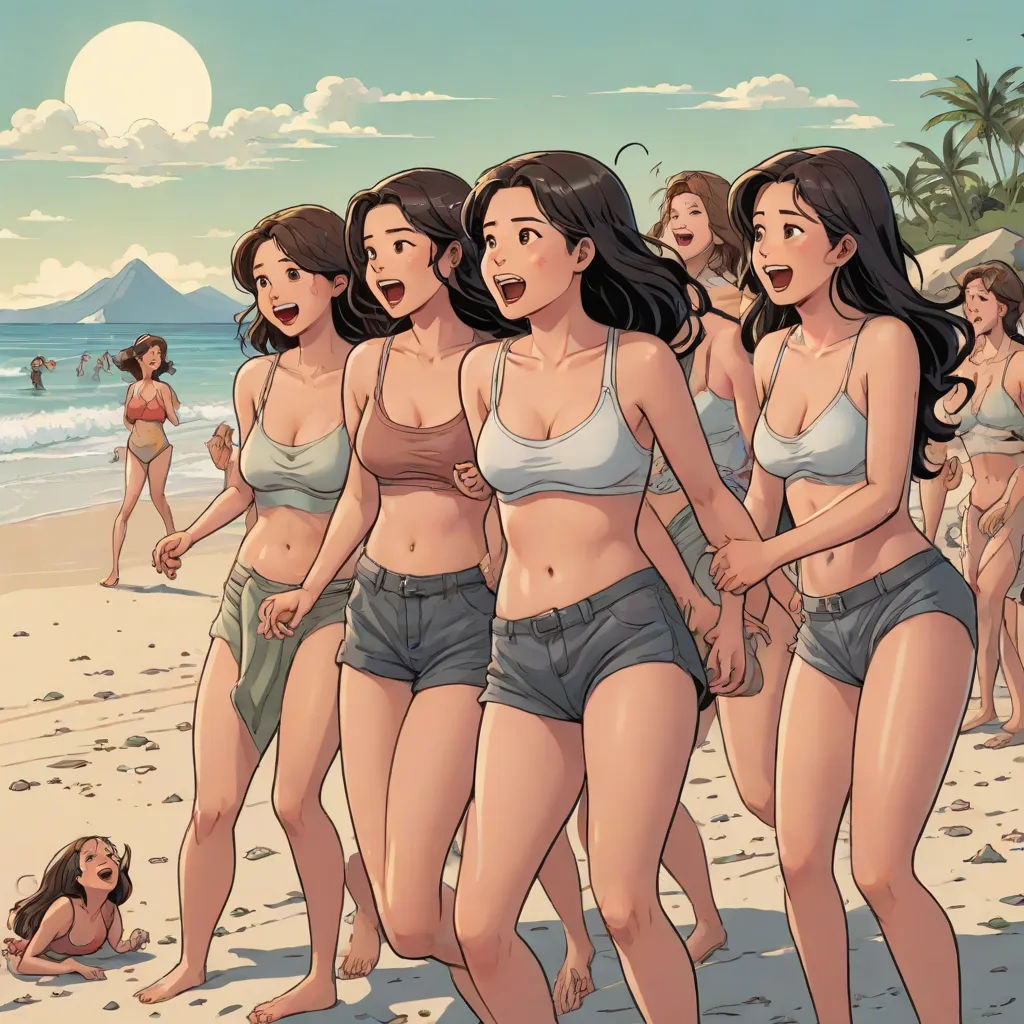 a group of women walking on top of a beach next to the ocean with a man in the background, serial art, a comic book panel, F Scott Hess, beach