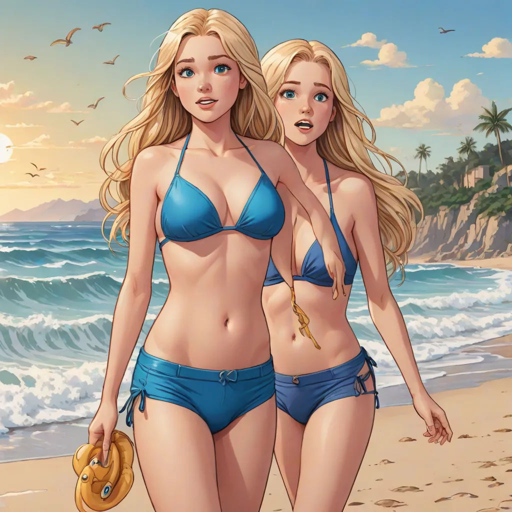 two women in bikinis walking on the beach with a hat and umbrella in hand and a bird flying over the beach, fantasy art, a comic book panel, Artgerm, stanley artgerm lau