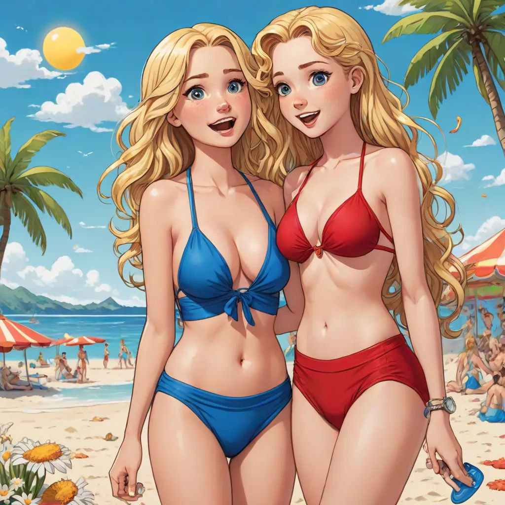 two women in bikinis standing on a beach with palm trees in the background and a blue sky in the background, lowbrow, a detailed painting, disney, rossdraws global illumination