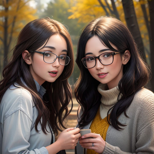 two women standing next to each other in a forest looking at a cell phone together, both wearing glasses