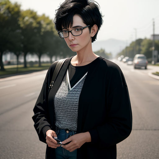 a woman with glasses standing on the side of the road looking at her cell phone in her hand and looking at the camera