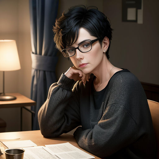 a woman sitting at a desk with a book and a cup of coffee in front of her, looking at the camera