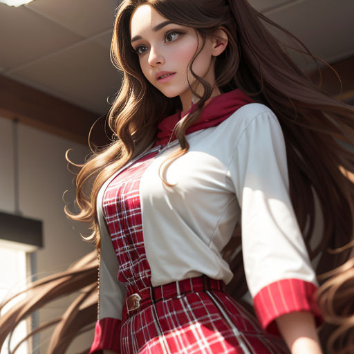 a woman with long hair wearing a red and white dress and a red scarf around her neck and a red and white scarf around her neck