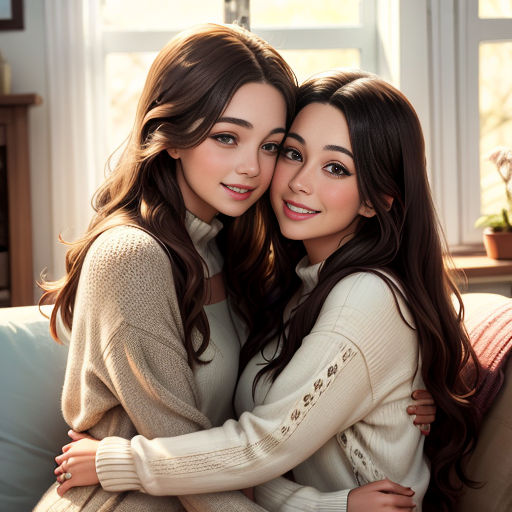 two young women hugging each other on a couch in a living room with a window behind them and a plant in the corner