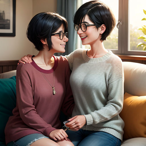 two women sitting on a couch next to each other smiling at each other's eyes and smiling at each other