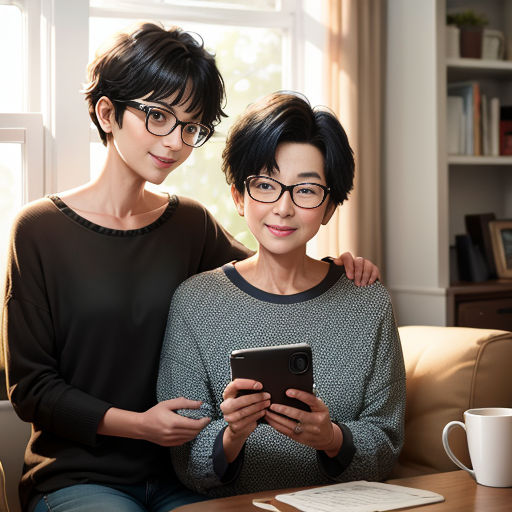 two women sitting on a couch looking at a tablet computer together, with a coffee mug in front of them