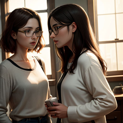 two women standing next to each other in a kitchen looking at a cell phone and looking at each other