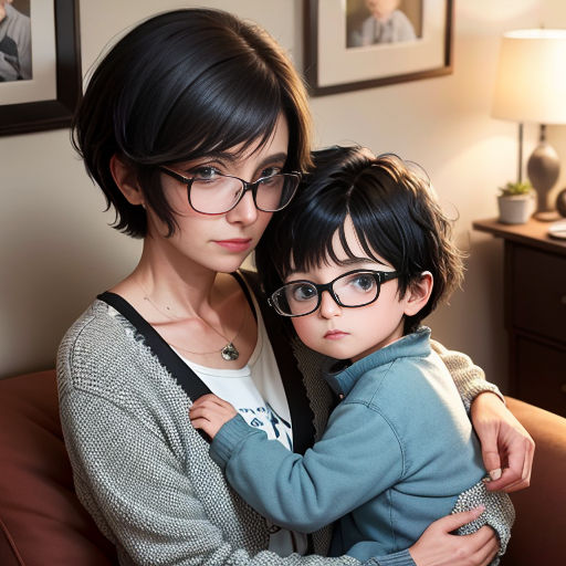 a woman holding a child in her arms in a living room with pictures on the wall behind her and a lamp on the side
