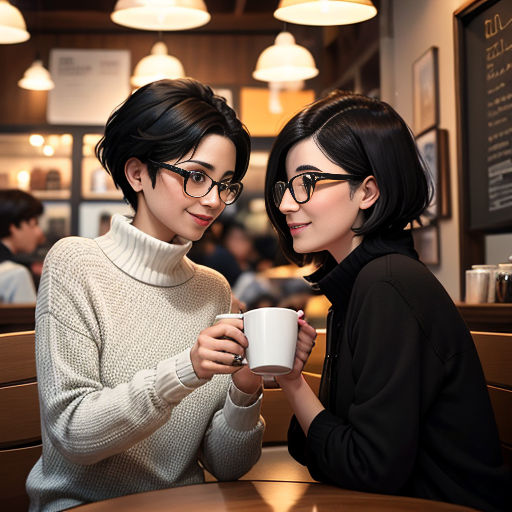 two women sitting at a table with a cup of coffee in their hands and one holding a mug in her hand