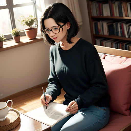 a woman sitting on a couch writing in a book with a cup of coffee nearby on the table and a bookcase
