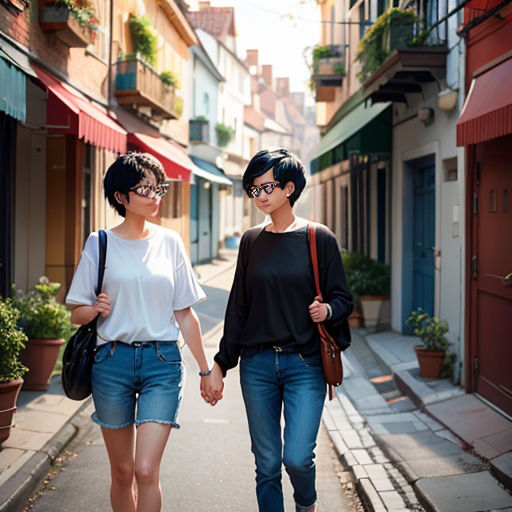 two women walking down a street holding hands and holding hands with each other, both wearing black and white
