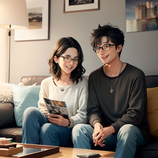 a man and a woman sitting on a couch looking at a tablet computer together, with a coffee table in the background