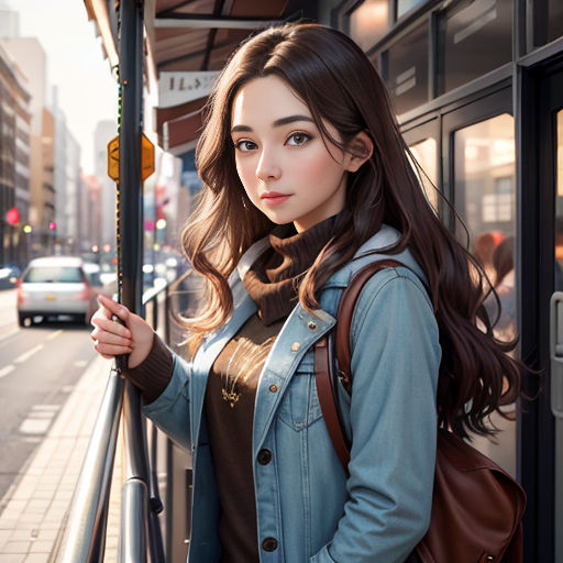 a woman standing on a street corner next to a bus stop with a brown purse on her shoulder and a blue jacket on