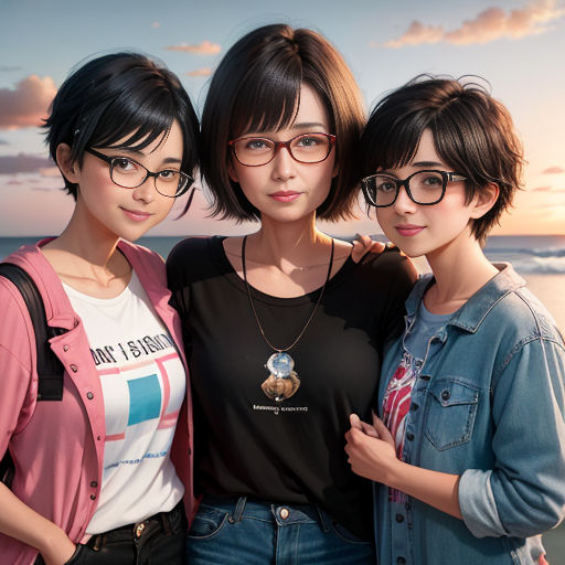 three women standing next to each other on a beach at sunset with the ocean in the background and a sky with clouds