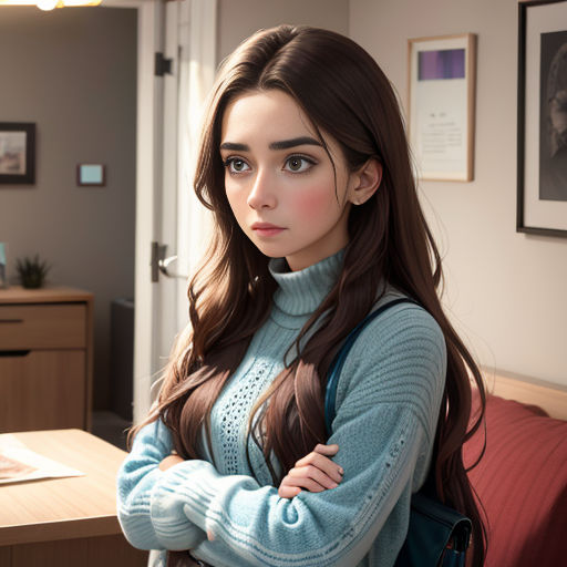 a woman with long hair standing in front of a desk with a laptop computer on it and a handbag on her shoulder