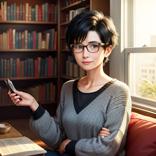 a woman sitting in a chair holding a cell phone and a book in her hand and looking at the camera