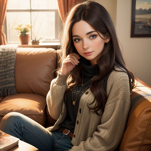 a woman sitting on a couch in a living room next to a window with a book on it's lap