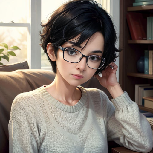 a woman with glasses sitting on a couch next to a book shelf and a window with a plant in it