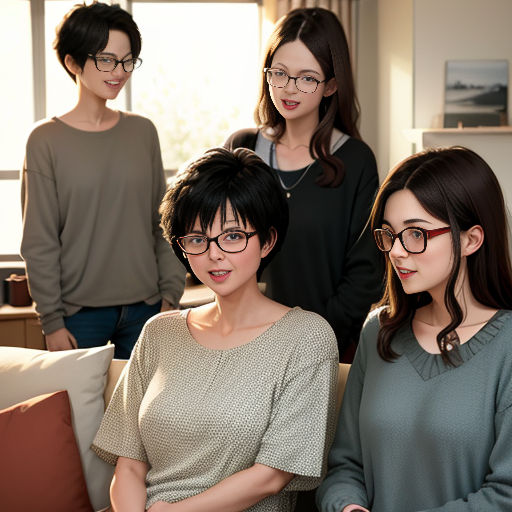 a group of women standing next to each other in a living room with a couch and a window behind them