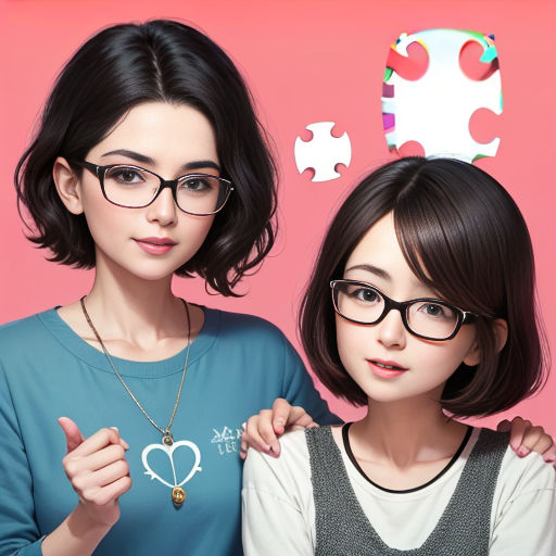 two women wearing glasses and one has a heart shaped necklace on her neck and the other has a puzzle piece